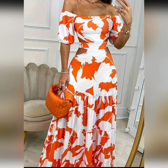 Graphic Print Off Shoulder Cut Out Waist Ruffle Hem Dress - Picture 1 of 3